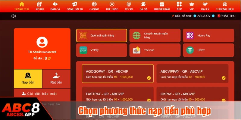 Chọn phương thức nạp tiền phù hợp