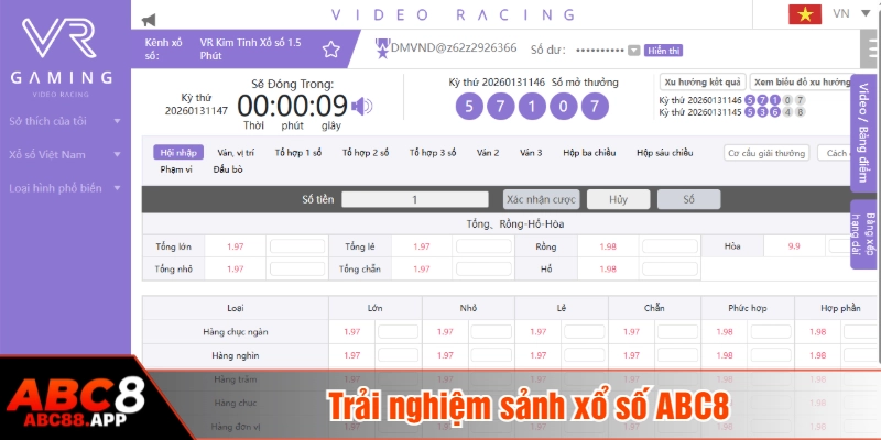 Trải nghiệm sảnh xổ số ABC8